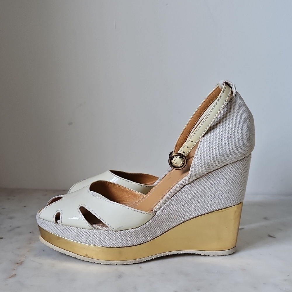 HOGAN: Vintage Patent Leather And Canvas Wedge Sandals